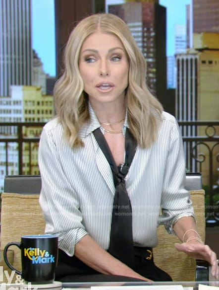 Kelly’s stripe tie neck blouse on Live with Kelly and Mark