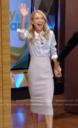 Kelly's blue striped shirt and grey pencil skirt on Live with Kelly and Mark