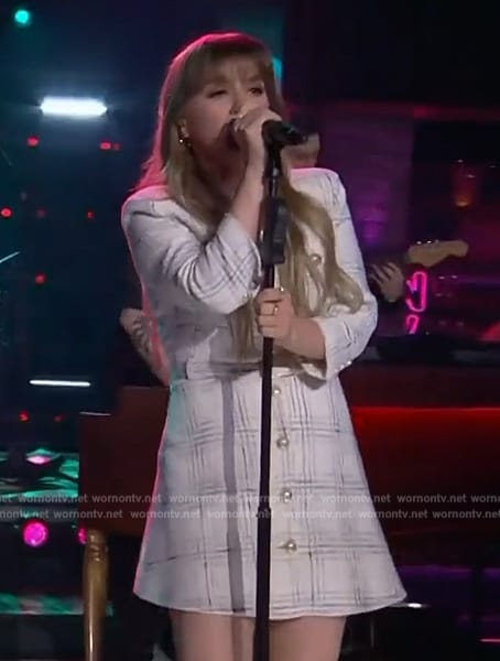 Kelly's white tweed check dress  on The Kelly Clarkson Show