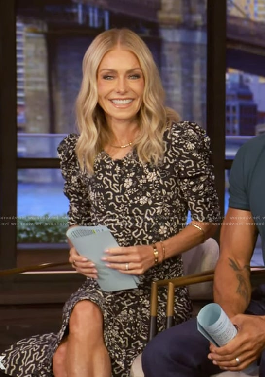 Kelly's black floral ruched sleeve dress on Live with Kelly and Mark