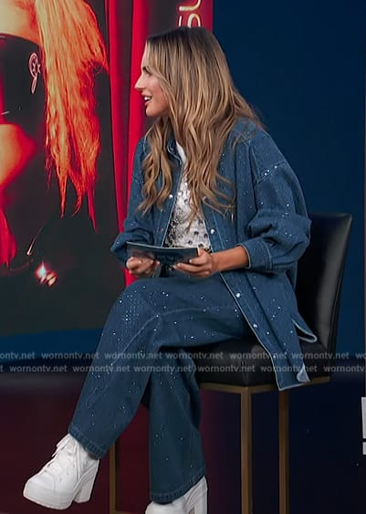 Keltie’s denim rhinestone embellished jacket and jeans on E! News