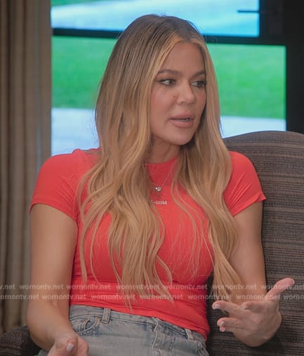 Khloe's red embroidered top on The Kardashians