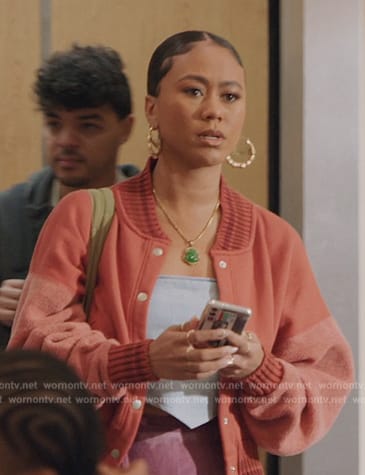 Kiesha’s orange mixed media jacket and tie dye pants  on All American Homecoming