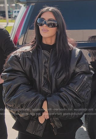 Kim's black leather oversized jacket on The Kardashians