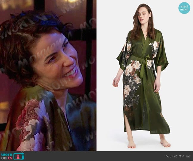 Kim + Ono Silk Keina Kimono Robe in Olive worn by Sarah Horton (Linsey Godfrey) on Days of our Lives