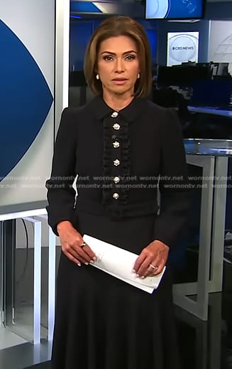 Kristine Johnson's black ruffle button front dress on CBS Evening News