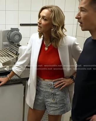 Lara's white roll-up sleeve jacket and striped shorts on Good Morning America