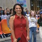 Laura’s red collared vest and pants on Today