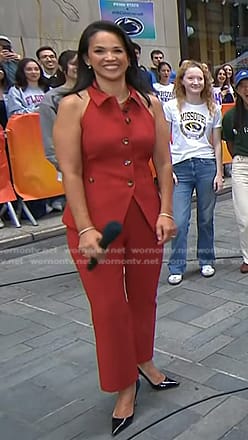 Laura's red collared vest and pants on Today