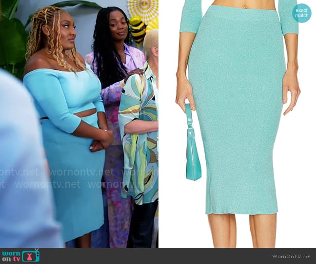 Le Superbe Knit Pick Skirt in Aqua Shine worn by Daniella King (Mignon) on Tyler Perrys Sistas