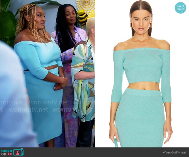 Le Superbe Oaxaca Knit Top in Aqua Shine worn by Daniella King (Mignon) on Tyler Perrys Sistas