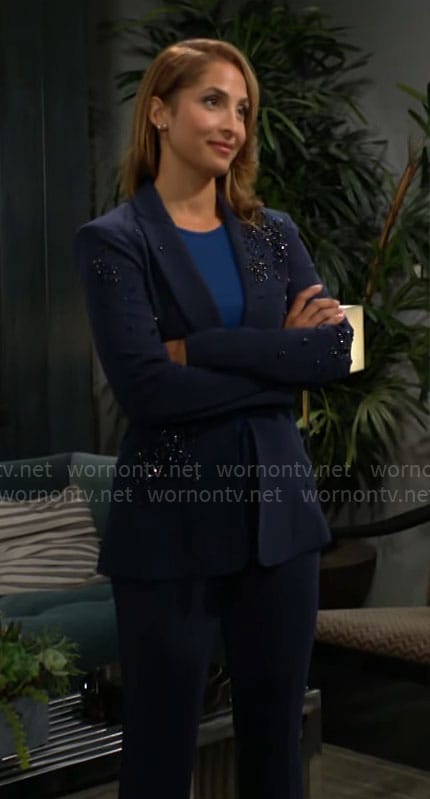 Lily’s navy blue embellished suit on The Young and the Restless