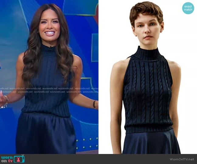 Lily Silk Wild Silk Sleeveless Sweater in Navy Blue worn by Rocsi Diaz on Good Morning America