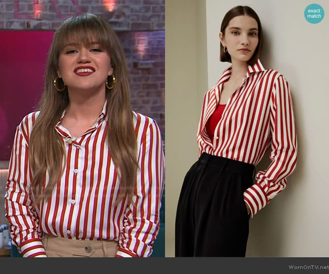 Lily Silk Amalfi Stripe Silk Shirt worn by Kelly Clarkson on The Kelly Clarkson Show