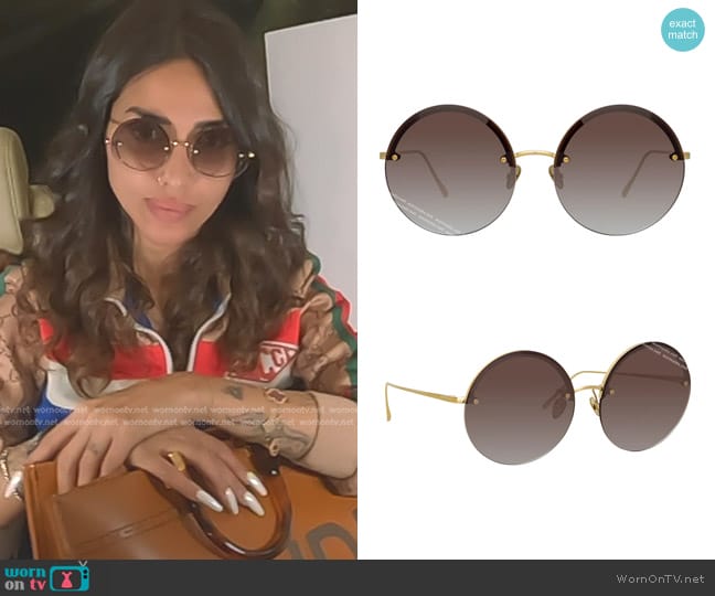 Linda Farrow Adrienne Round Sunglasses in Light Gold and Grey worn by Sara Al Madani (Sara Al Madani) on The Real Housewives of Dubai