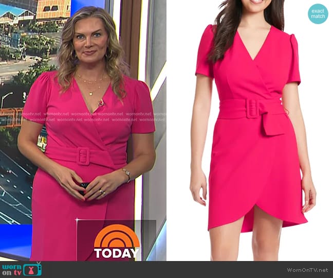 London Times Puff Sleeve Belted Wrap Dress in Bright Pink worn by Emily West on Today