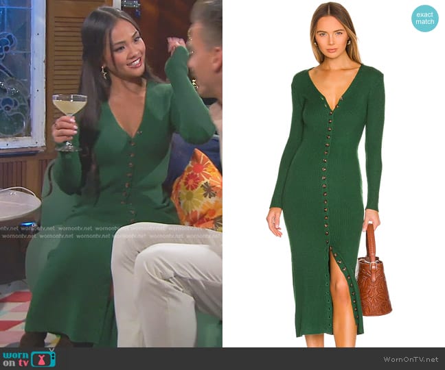 LPA Kavala Sweater Dress in Dark Green worn by Jenn Tran on The Bachelorette