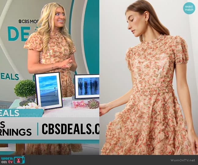 Ieena by Mac Duggal High Neck Floral Mesh Ruffle Dress worn by Ashley Bellman on CBS Mornings