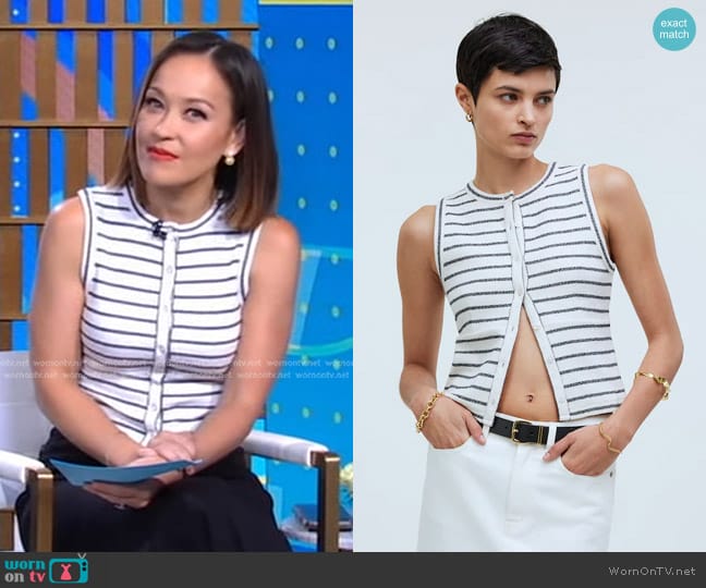 Madewell Split-Crewneck Cardigan Tank in Lighthouse worn by Eva Pilgrim on Good Morning America