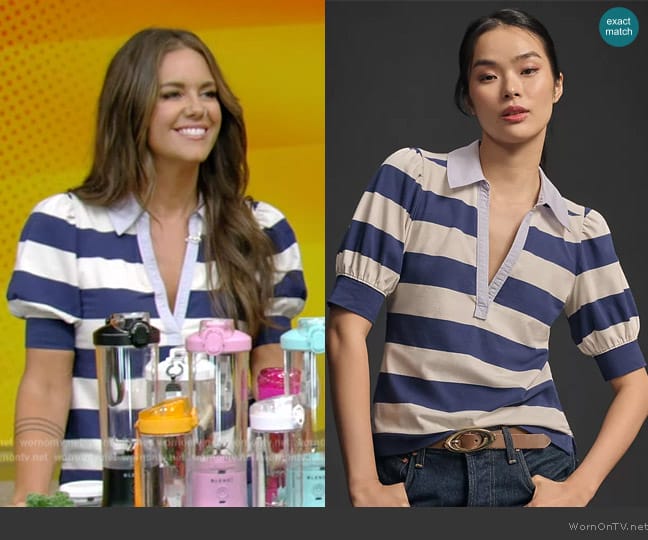 Anthropologie Maeve Puff-Sleeve Polo Top worn by Monica Mangin on Live with Kelly and Mark