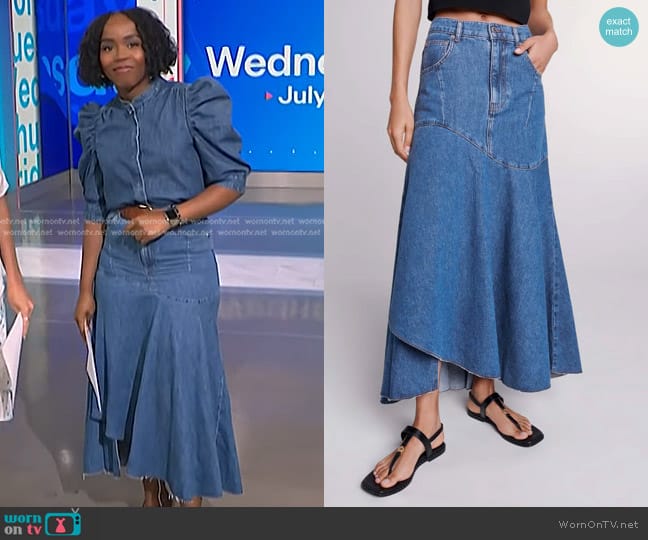 Maje Jondulys Asymmetrical Denim Skirt worn by Zinhle Essamuah on NBC News Daily