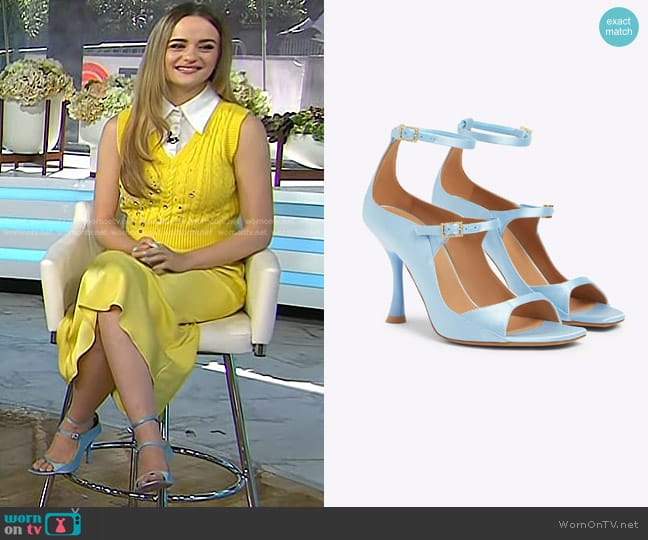 Malone Souliers Riley 90 Heeled Sandals in Baby Blue Satin worn by Joey King on Today