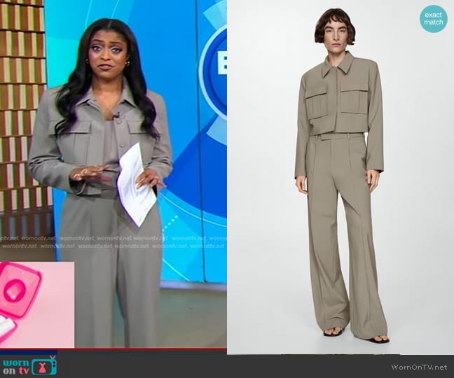 Mango Cropped Jacket with Pockets and Wideleg Pleated Pants worn by Morgan Norwood on Good Morning America