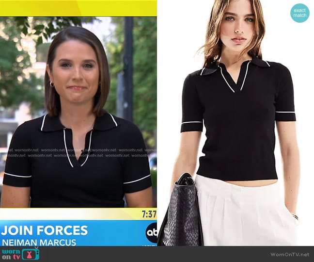 Mango Tipped Edge Polo Top in black worn by Elizabeth Schulze on Good Morning America