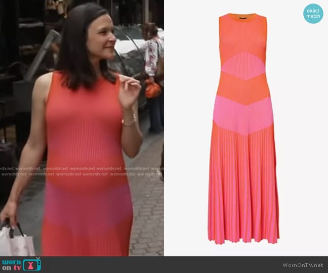 Me + EM Racer Crew Neck Rib Maxi Dress in Orange Zing/Ultra Pink worn by Maggie Rulli on Good Morning America