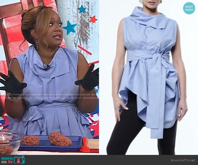 Metamorphoza Draped Belted Top in Blue worn by Sunny Anderson on Today