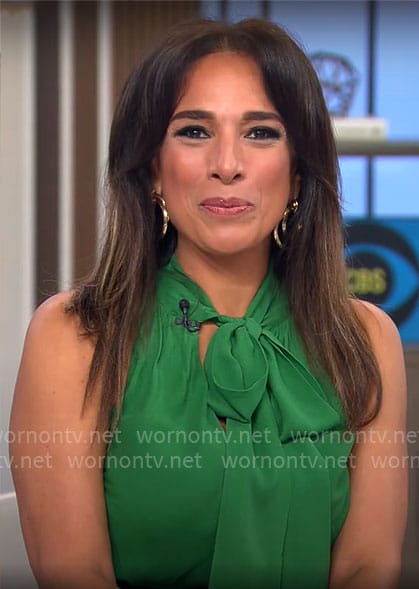 Michelle Miller's green tie neck top on CBS Mornings