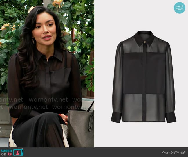 Milly Andy Sheer-Panel Button-Down Satin Blouse worn by Audra Charles (Zuleyka Silver) on The Young and the Restless