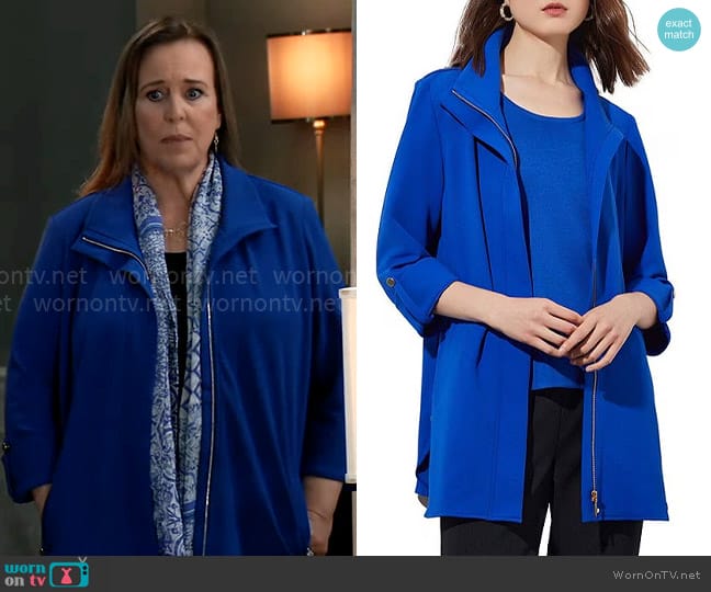 Ming Wang Deco Crepe Woven Lapel Collar 3/4 Roll-Tab Sleeve Pocketed Jacket worn by Laura Collins (Genie Francis) on General Hospital