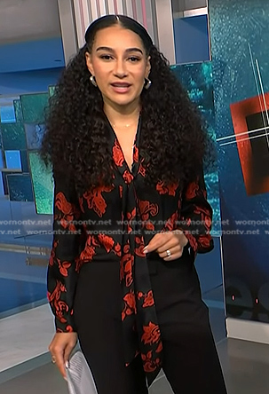 Morgan’s black and red print tie neck blouse on NBC News Daily