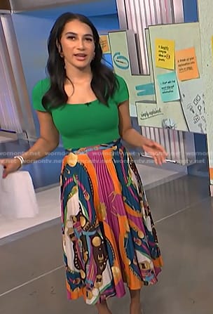 Morgan’s green top and mixed print pleated skirt on NBC News Daily