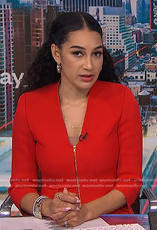 Morgan’s red peplum jacket and skirt on NBC News Daily