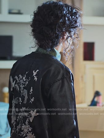 Nadia's black embroidered jacket on Elite