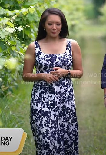 Nancy Chen’s black and white printed midi dress on CBS Mornings