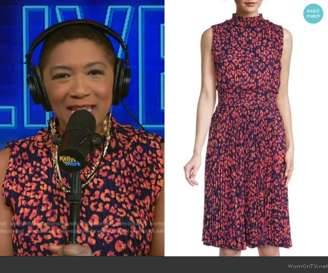 Nanette Lepore Pleated Midi Dress Sleeveless Navy Print worn by Deja Vu on Live with Kelly and Mark