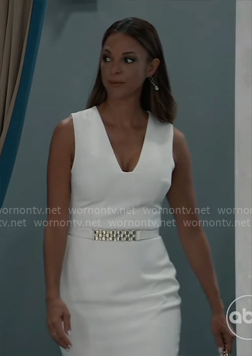 Natalia's white v-neck dress with belt on General Hospital