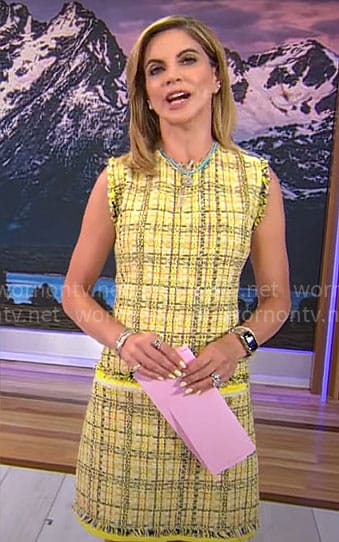 Natalie Morales' yellow tweed shift dress on CBS Mornings