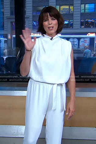 Neve Campbell's white tie waist jumpsuit on Good Morning America