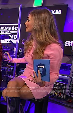 Nikki Novak's pink ribbed sweater and mini skirt on E! News