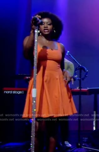 Noelle Scaggs's orange flare mini dress on Live with Kelly and Mark