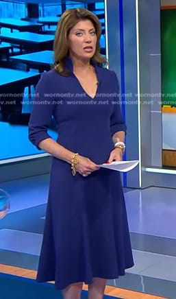 Norah’s blue v-neck midi dress on CBS Evening News