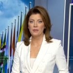 Norah’s white blazer with contrast stitching on CBS Evening News