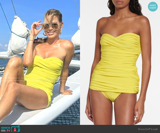 Norma Kamali Walter Mio Ruched Bandeau Swimsuit worn by Caroline Stanbury (Caroline Stanbury) on The Real Housewives of Dubai