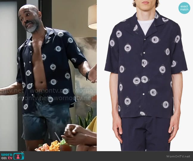 Officine Générale Eren Sun & Moon Print Short Sleeve Button-Up Shirt worn by Curtis Ashford (Donnell Turner) on General Hospital