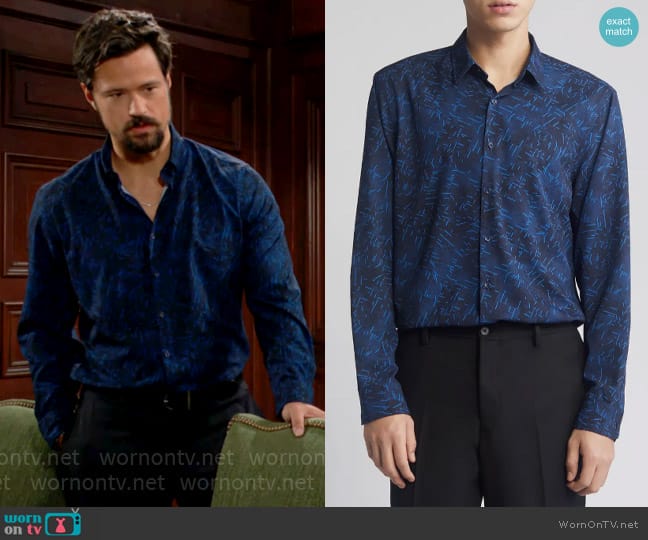 Open Edit Trim Fit Button-Up Shirt in Blue-Navy Cubic Lines worn by Thomas Forrester (Matthew Atkinson) on The Bold and the Beautiful