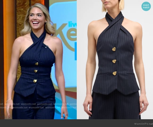 Oscar de la Renta Halter Button-Front Pinstripe Tailored Blouse worn by Kate Upton on Live with Kelly and Mark